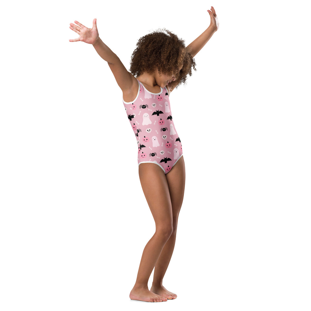 Girls pink cute ghosts and bats halloween buttery soft one-piece swimsuit with quick drying fabric for dance and gymnastics