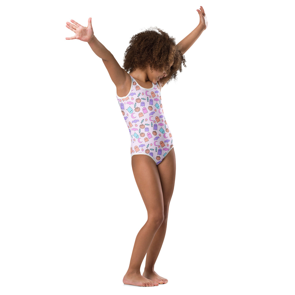 White buttery soft girls Halloween pattern leotard with pastel pac-man design quick drying for dance and gymnastics