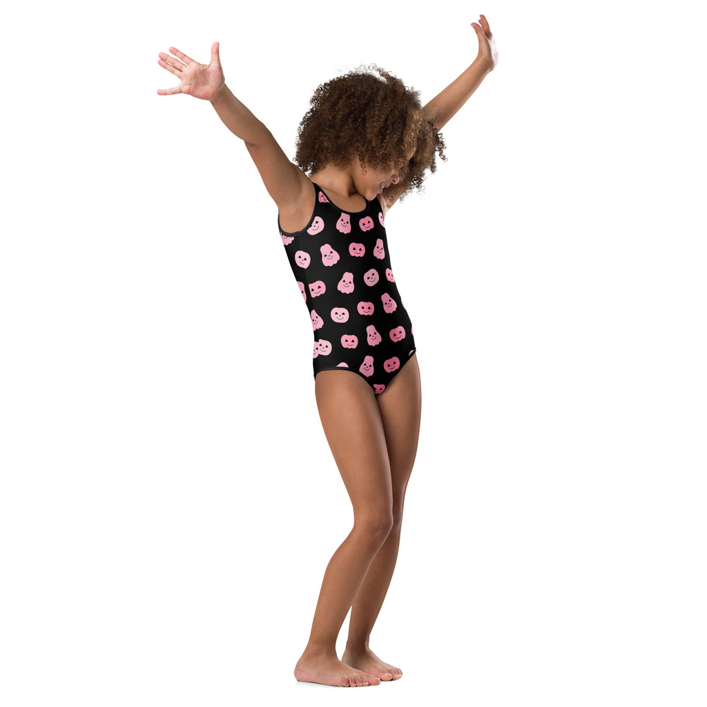Black one-piece swimsuit with pink cartoon pumpkin faces girls pink pumpkins halloween buttery soft leotard for dance and gymnastics