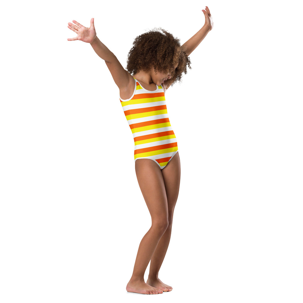 A vibrant orange and white striped buttery soft leotard with racerback design for dance and gymnastics