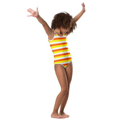 A vibrant orange and white striped buttery soft leotard with racerback design for dance and gymnastics