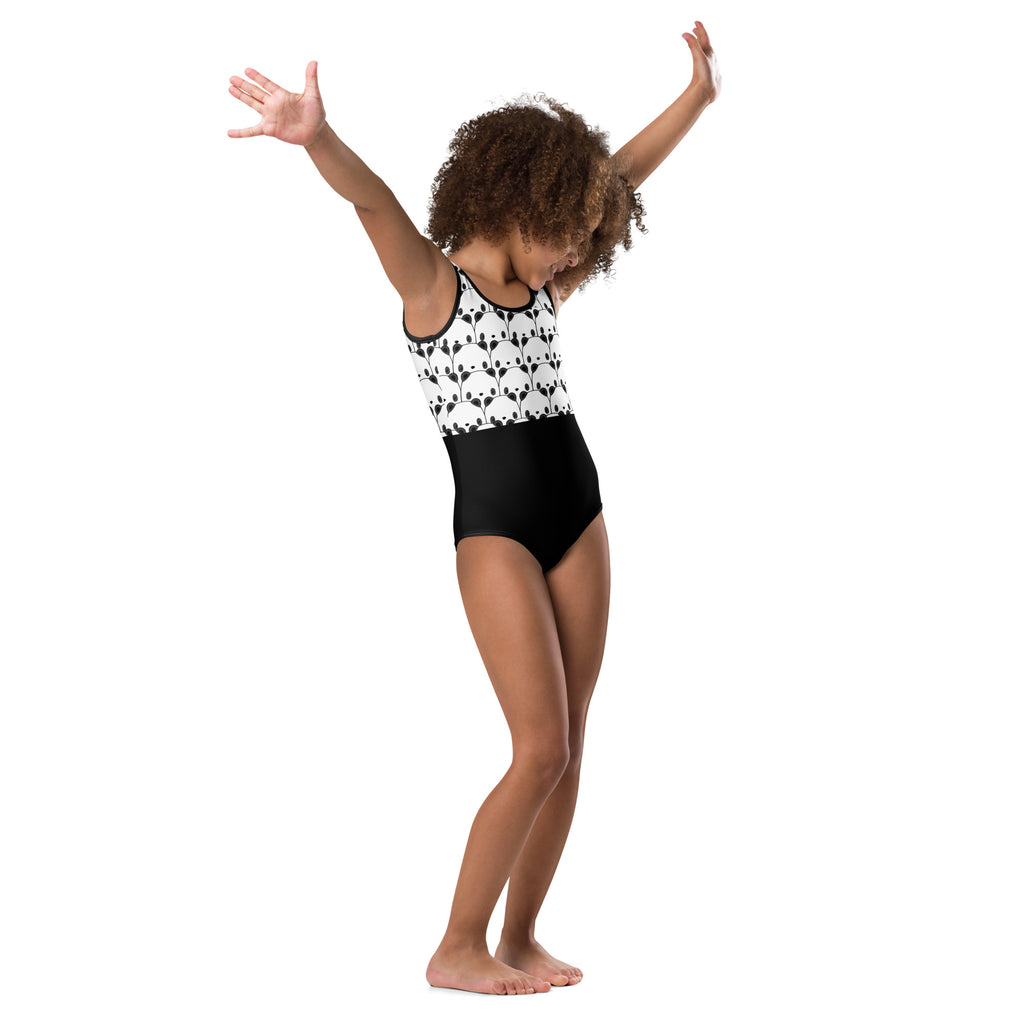Girls black and white panda patterned buttery soft leotard with solid black lower section for dance and gymnastics