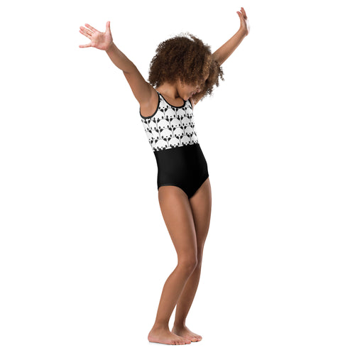 Girls black and white panda patterned buttery soft leotard with solid black lower section for dance and gymnastics