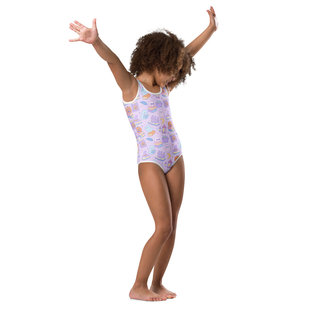 Lavender girls book themed halloween buttery soft leotard with owl and haunted house pattern for dance and gymnastics