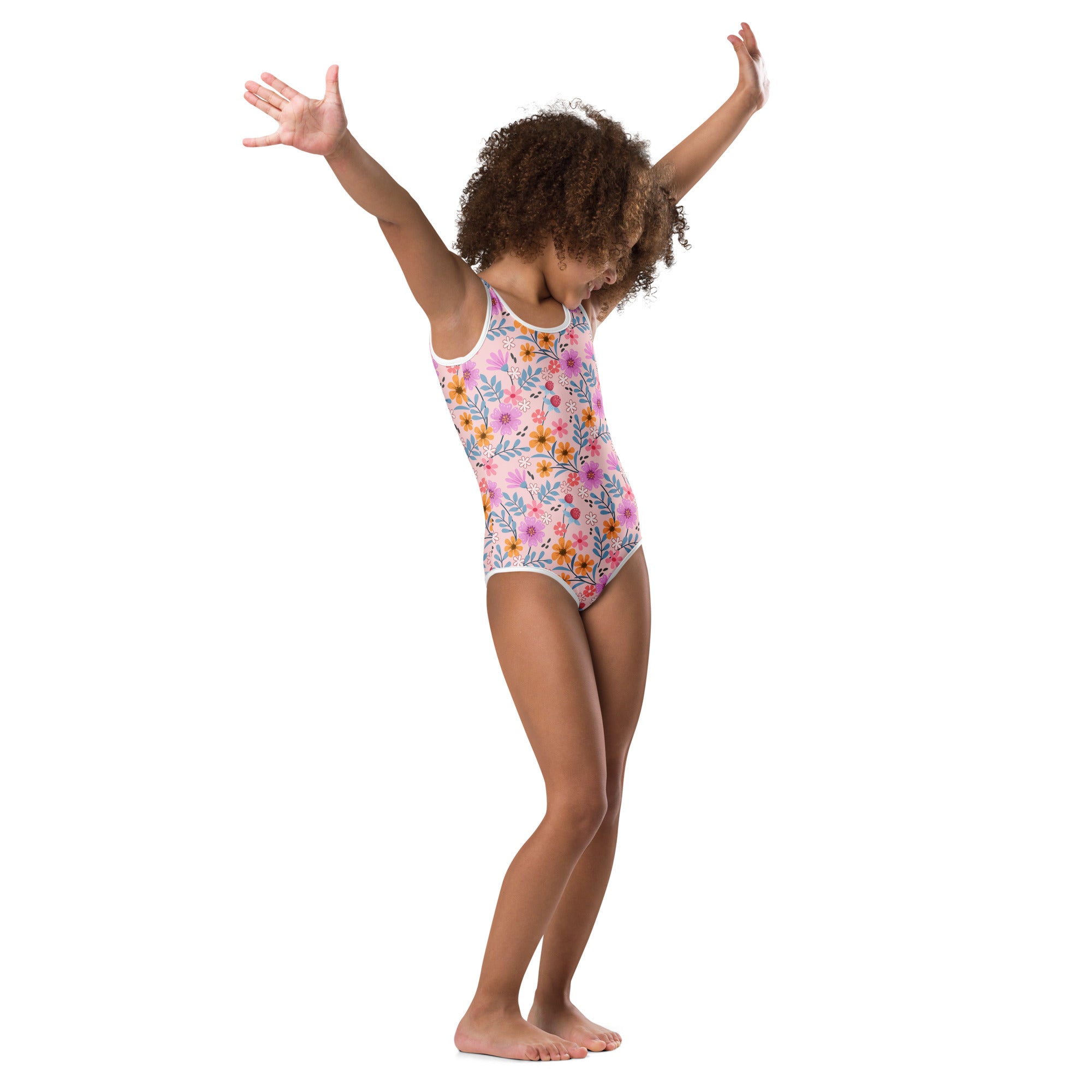 Girls pink floral buttery soft one-piece swimsuit with white trim quick drying for dance and gymnastics