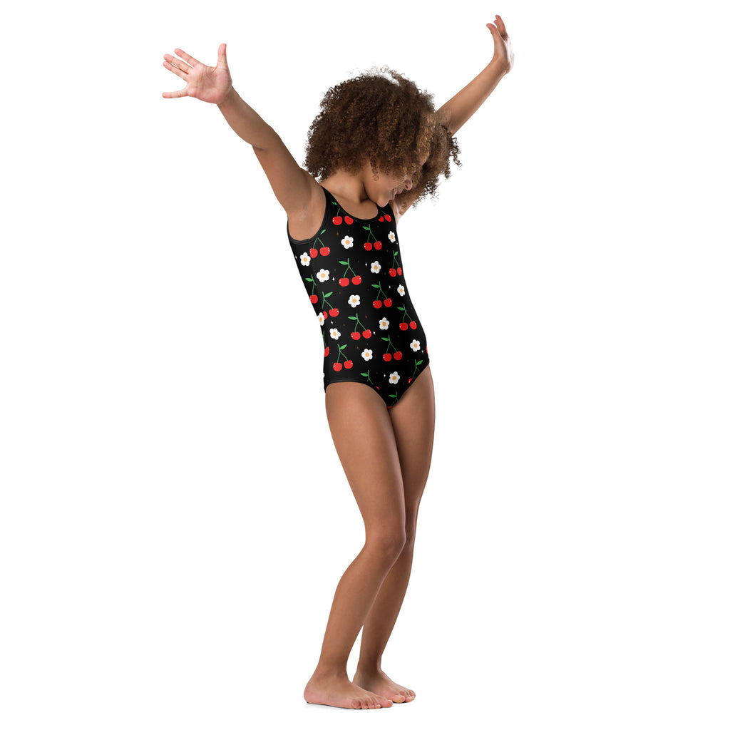Black one-piece girls leotard with red cherries white flowers buttery soft quick drying for dance and gymnastics