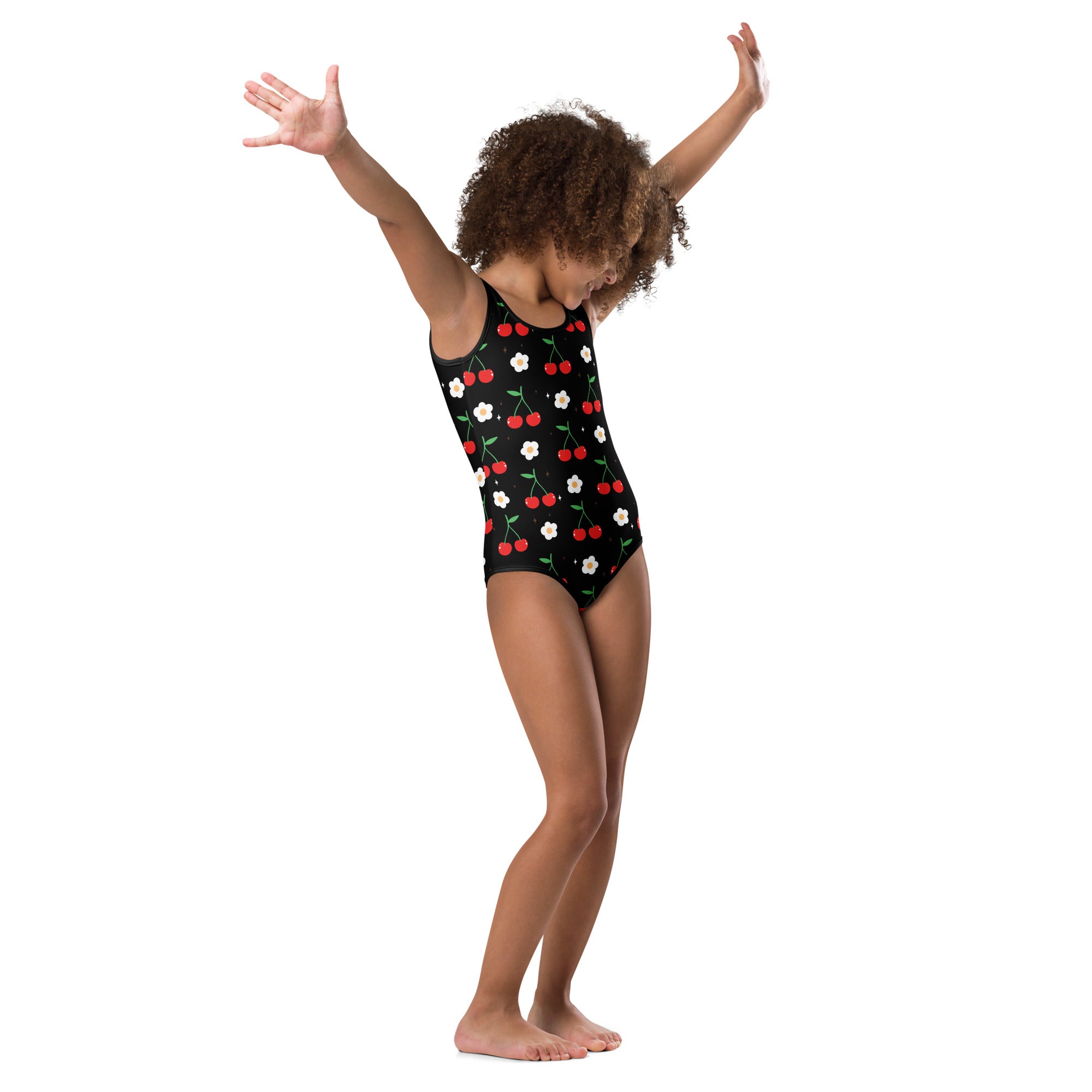 Black one-piece girls leotard with red cherries white flowers buttery soft quick drying for dance and gymnastics