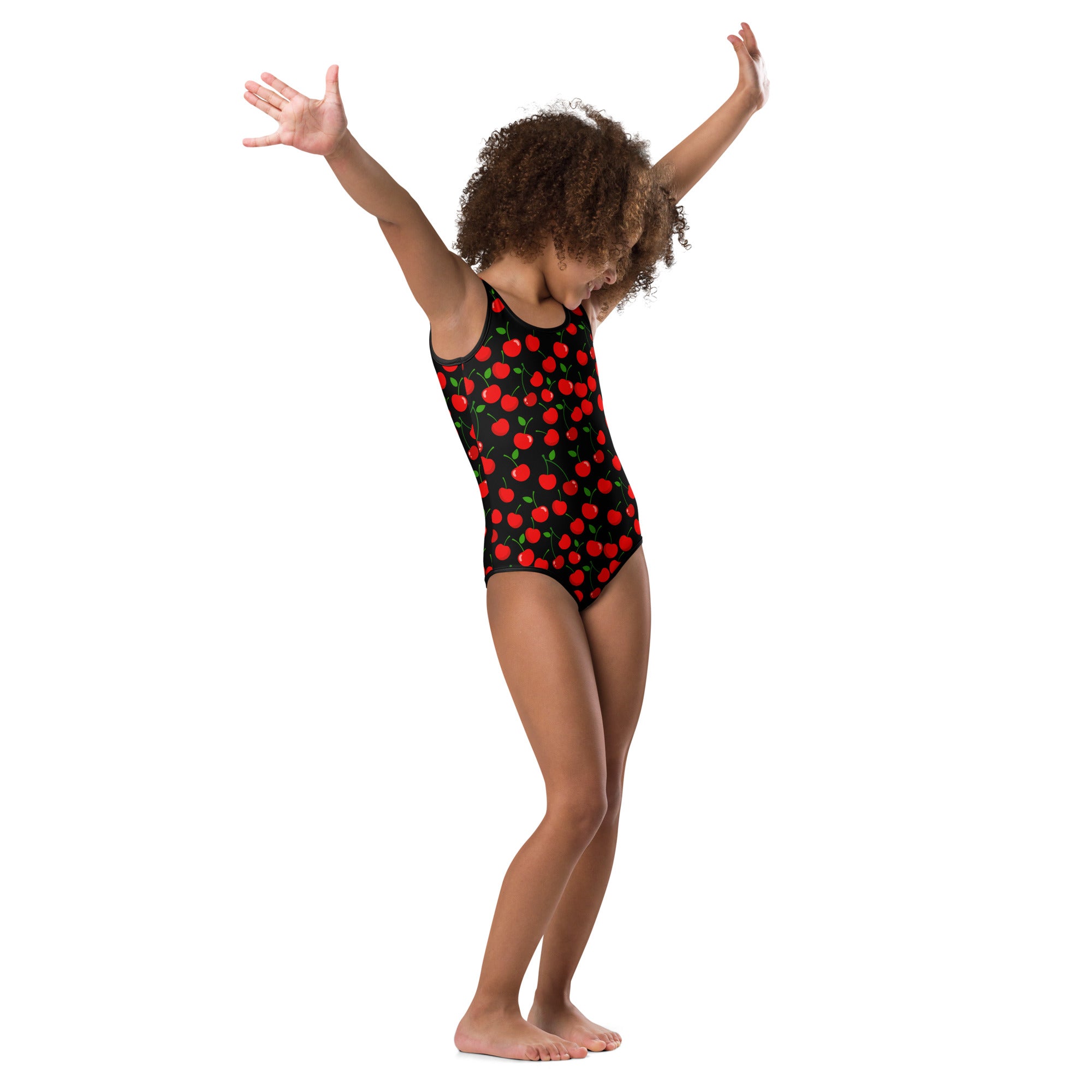 Girls red cherry buttery soft black leotard with vibrant cherry pattern quick drying for dance and gymnastics