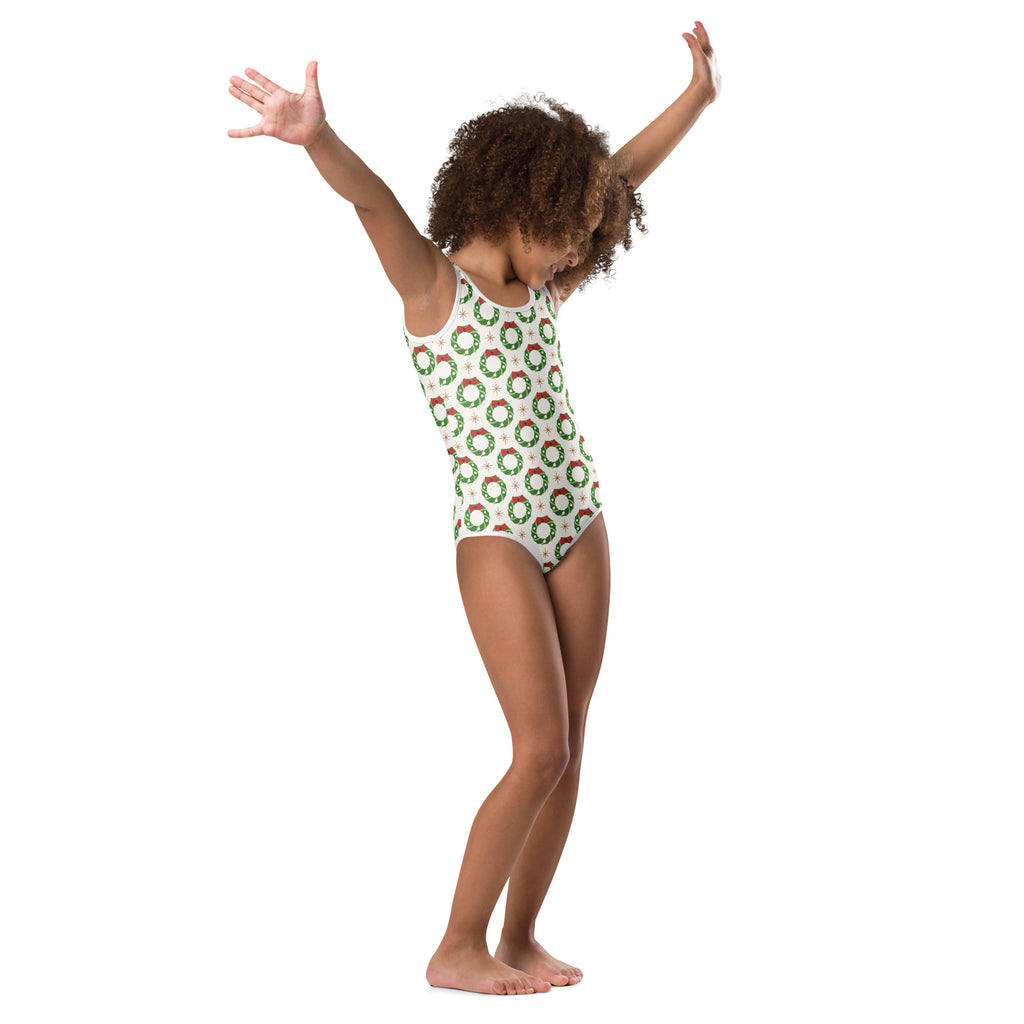 Girls christmas wreath buttery soft white one-piece swimsuit with green and red wreath pattern for dance and gymnastics