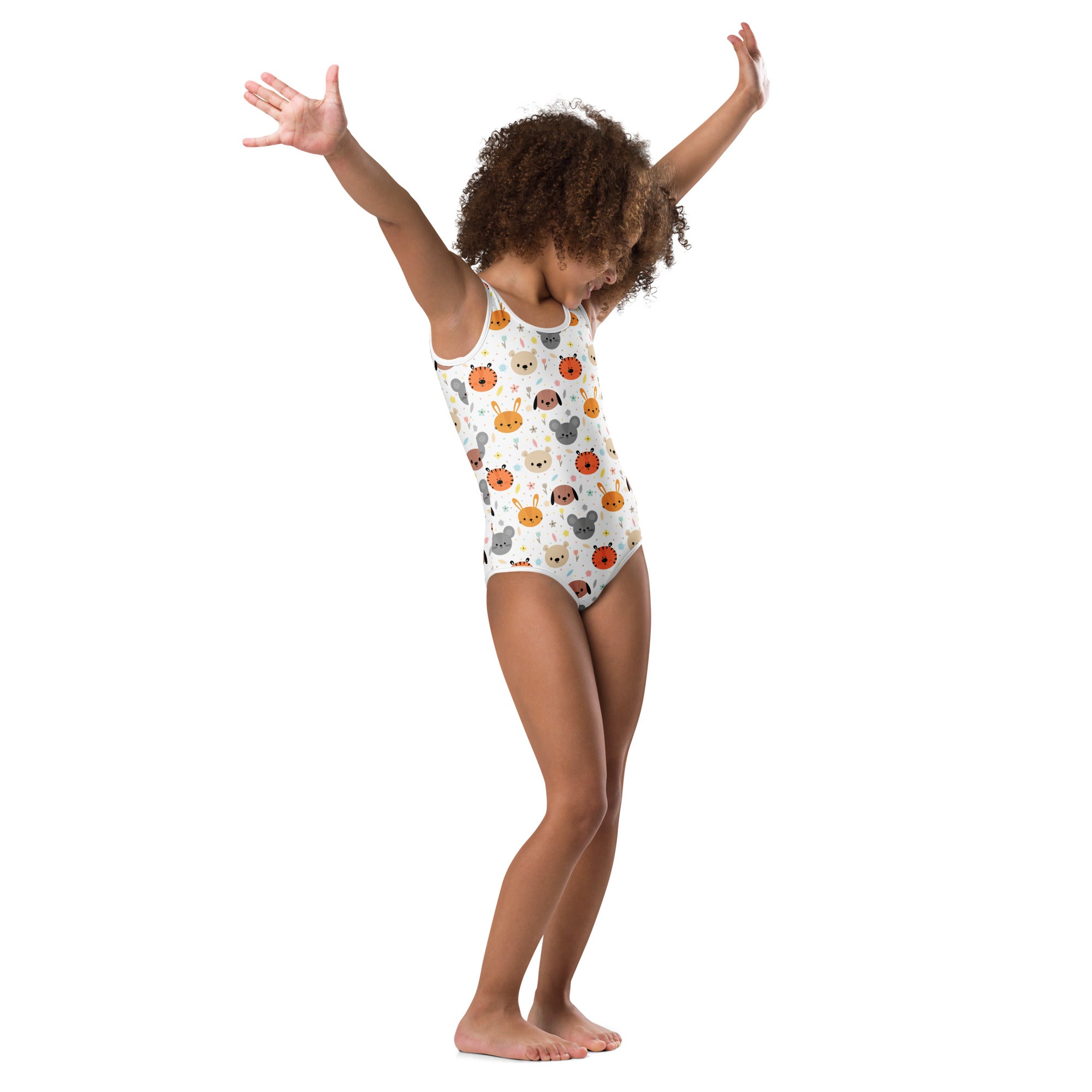 White one-piece girls leotard with colorful cartoon animal faces buttery soft quick drying for dance and gymnastics