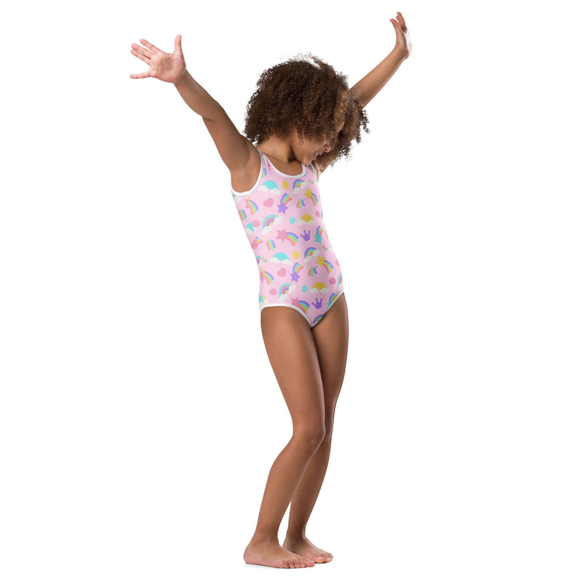 Pink buttery soft girls pop fidget toy themed one-piece swimsuit with rainbows stars and unicorns quick drying