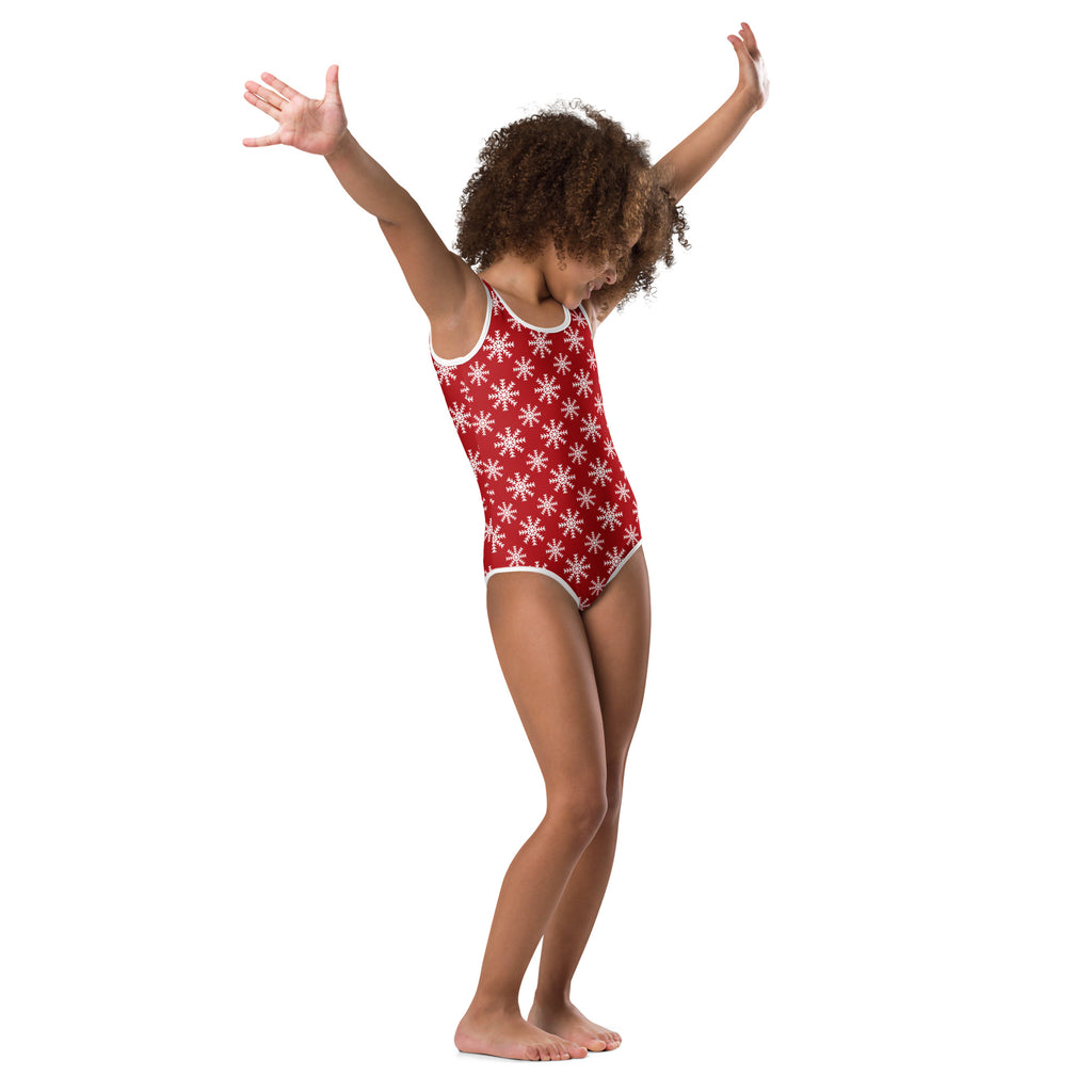 Girls red snowflake buttery soft leotard with white trim quick drying for dance and gymnastics in one-piece swimsuit style