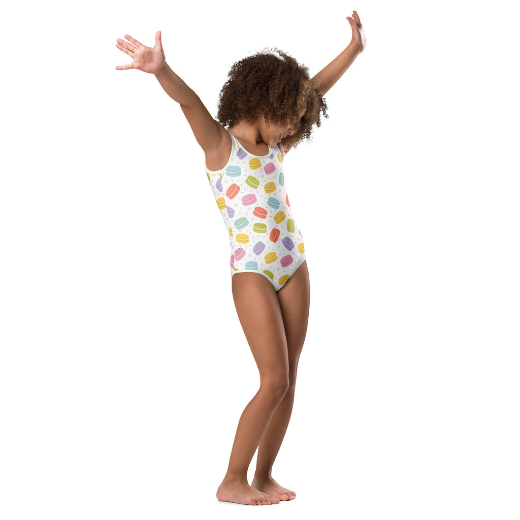 White one-piece swimsuit with colorful macaron patterns made from buttery soft quick-drying fabric for dance and gymnastics