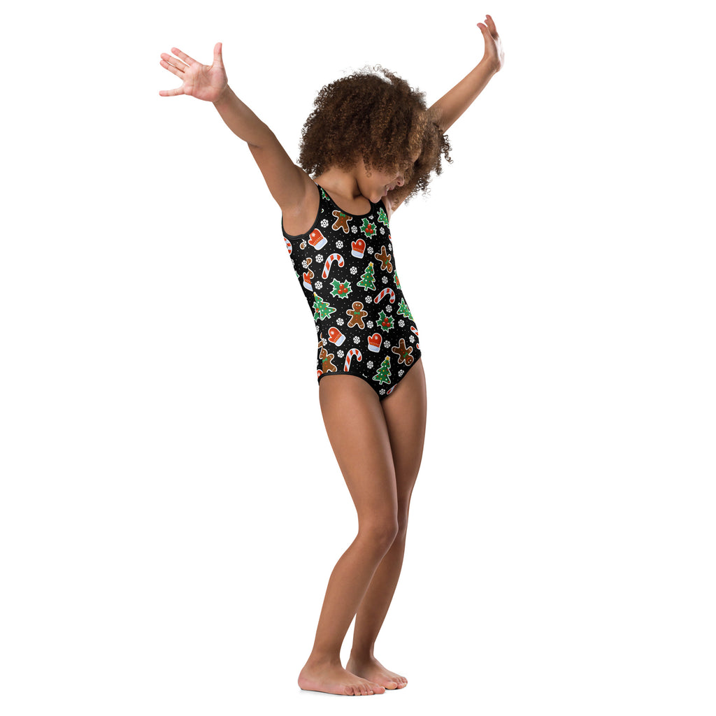 Girls black gingerbread christmas buttery soft leotard with candy canes and trees quick drying for dance and gymnastics
