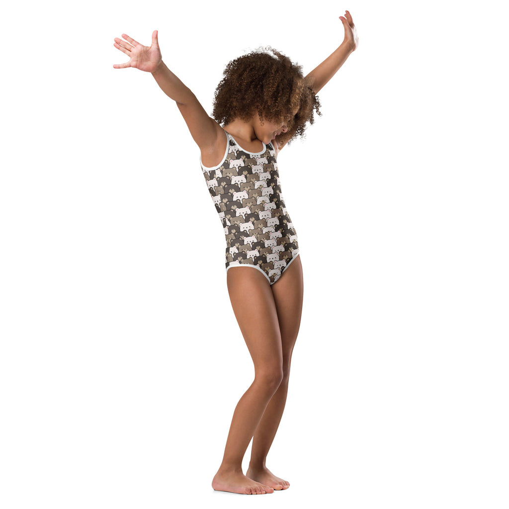 Girls bear face buttery soft leotard with white and gray cartoon animals on dark fabric for dance and gymnastics