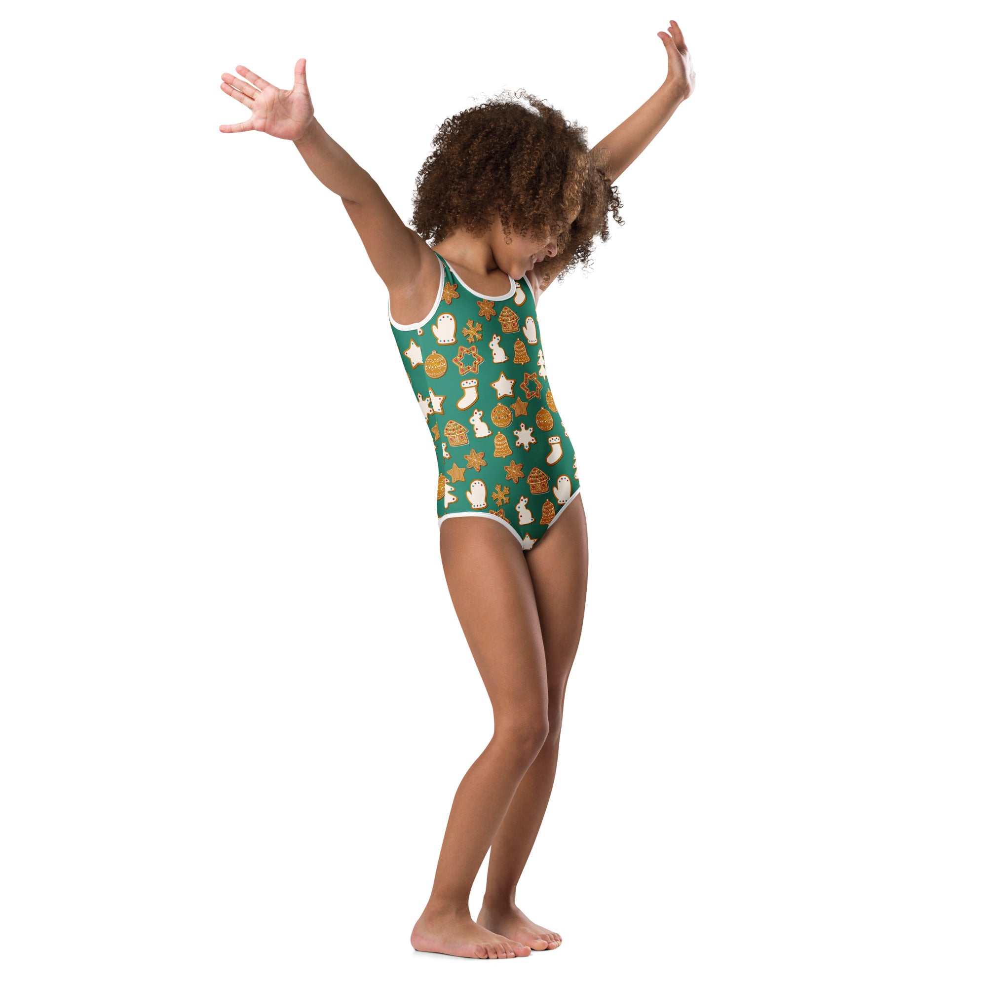 Girls green festive gingerbread cookies buttery soft one-piece swimsuit with white and gold holiday print for dance