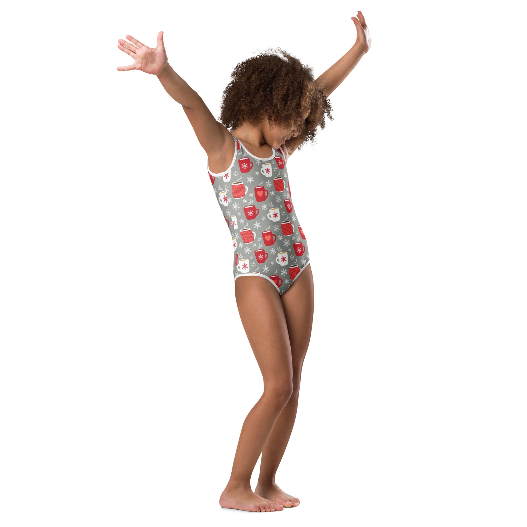 Gray one-piece swimsuit with red coffee mug and snowflake patterns white trim buttery soft quick drying for dance and gymnastics