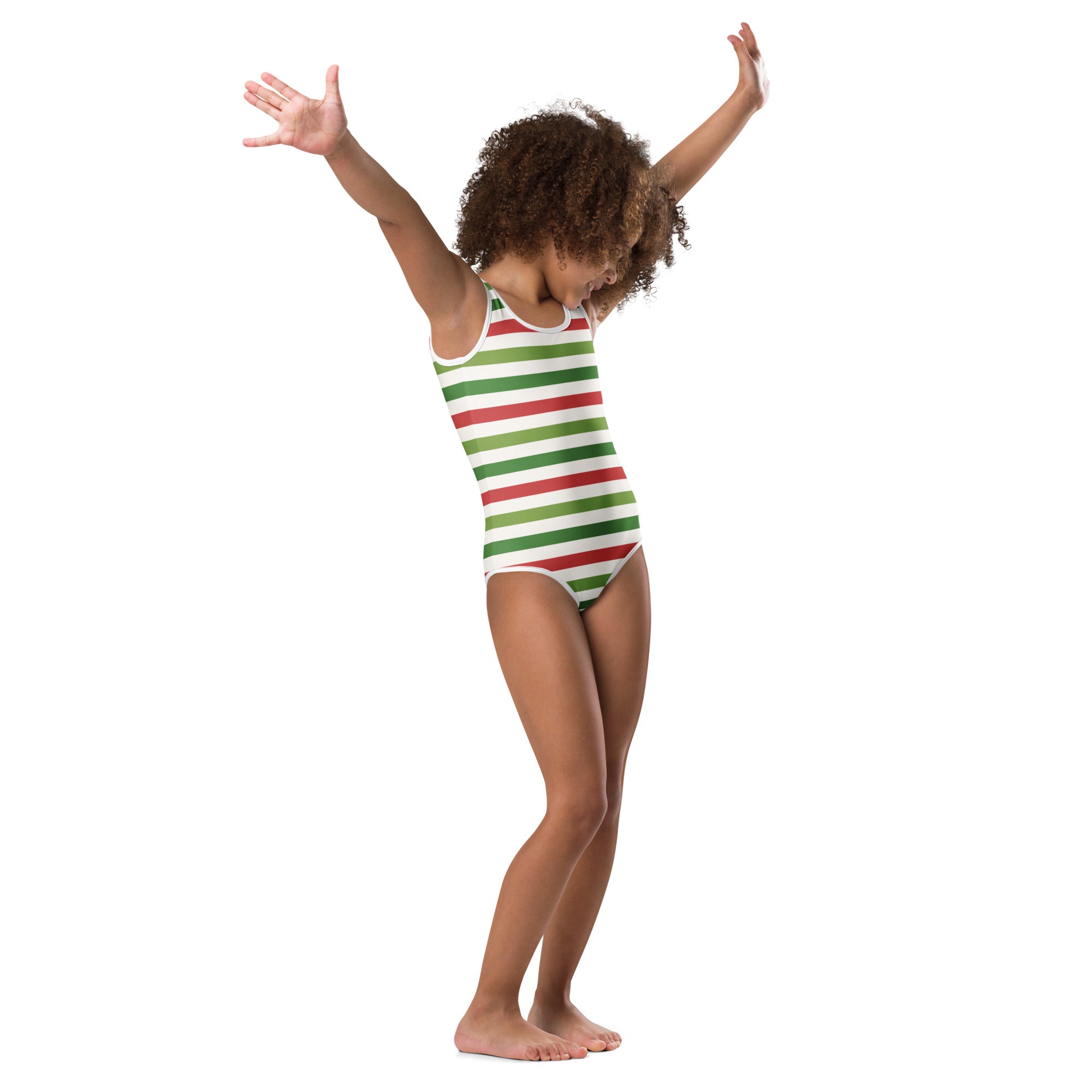 A child wearing a festive red and green striped buttery soft quick drying leotard for dance and gymnastics