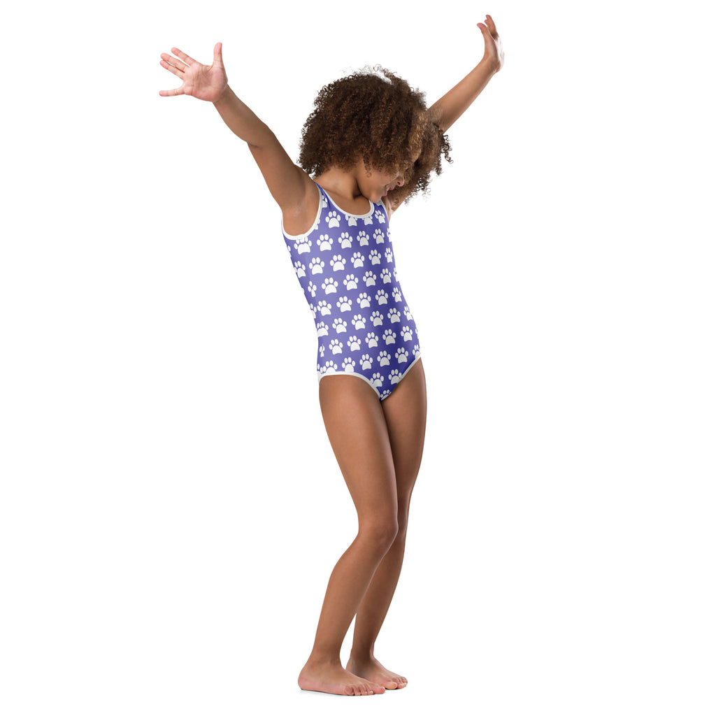 Girls purple one-piece swimsuit with white paw print pattern and white trim quick drying for dance and gymnastics