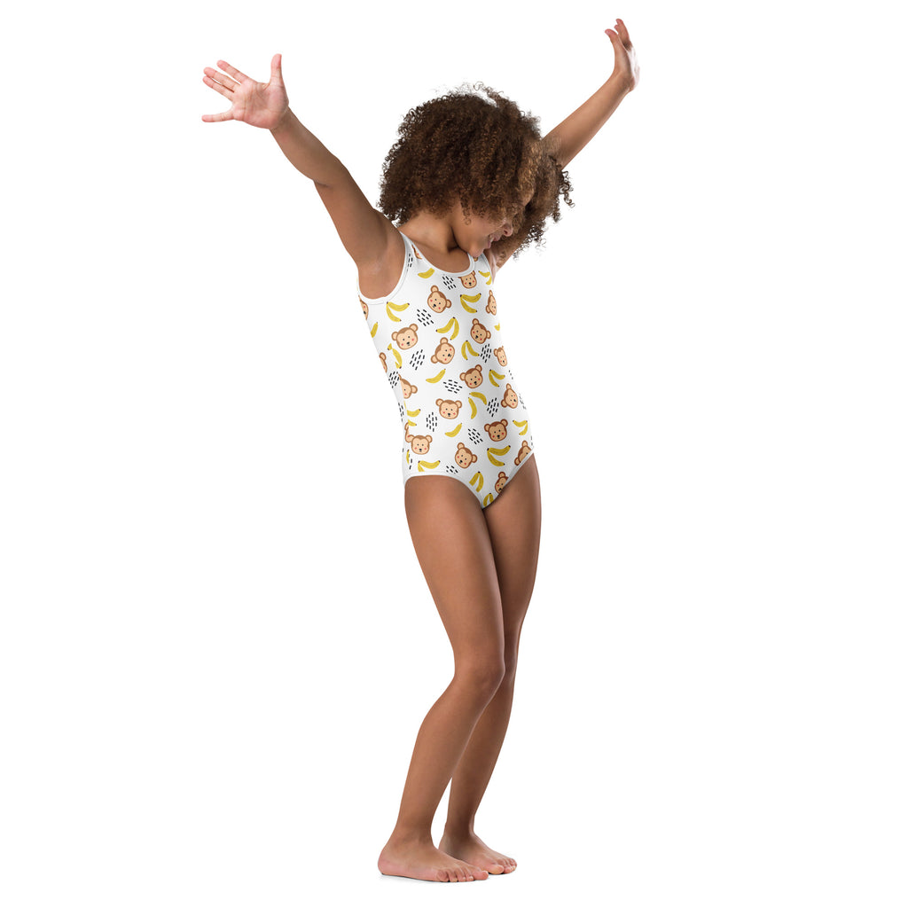 White girls monkey buttery soft one-piece swimsuit with brown teddy bears and yellow bananas quick drying for dance