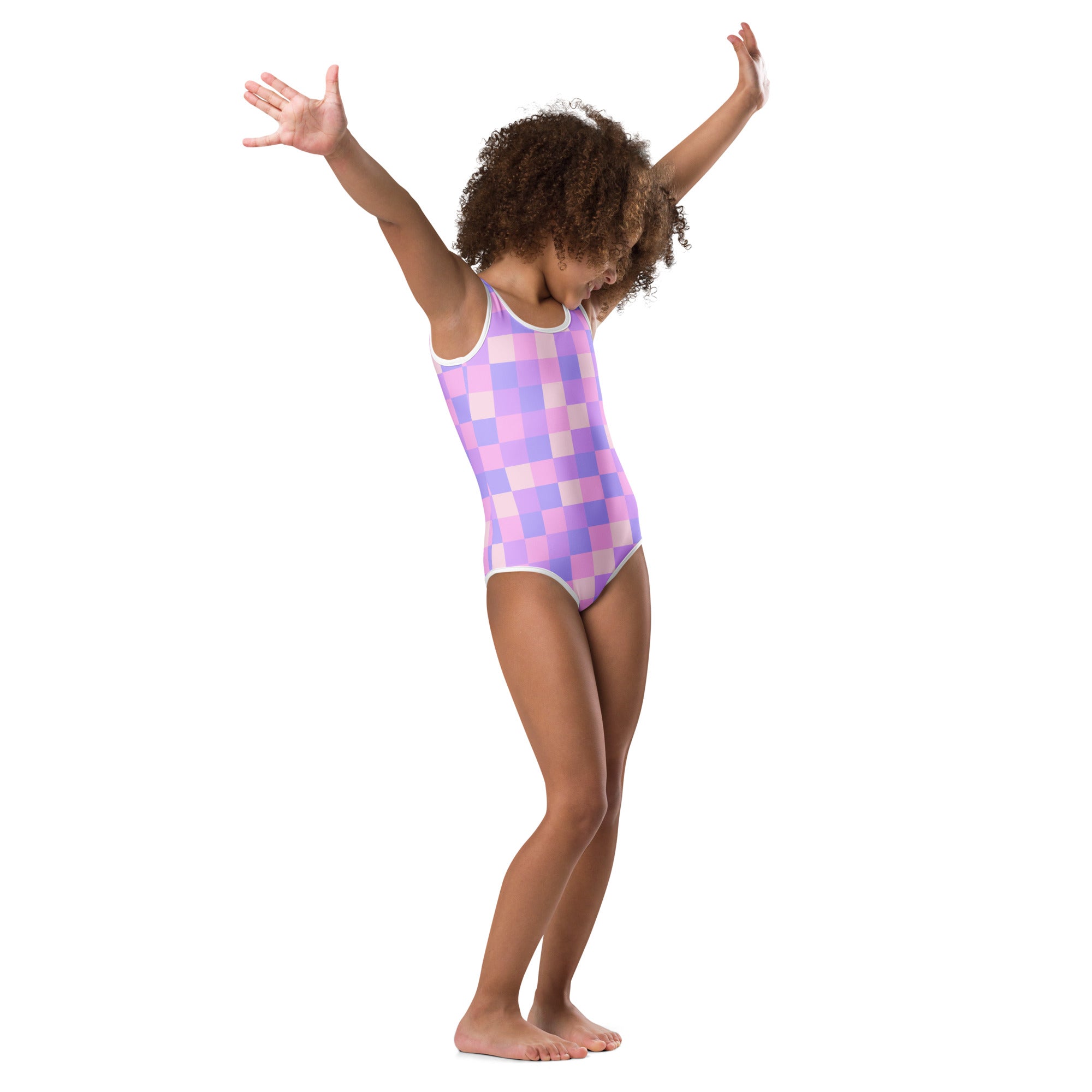 A child wearing a girls purple checkered buttery soft leotard with white trim for dance and gymnastics