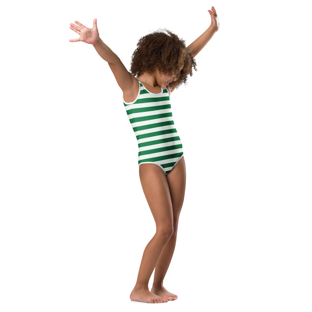 A child wearing a girls green christmas stripes buttery soft quick drying leotard for dance and gymnastics