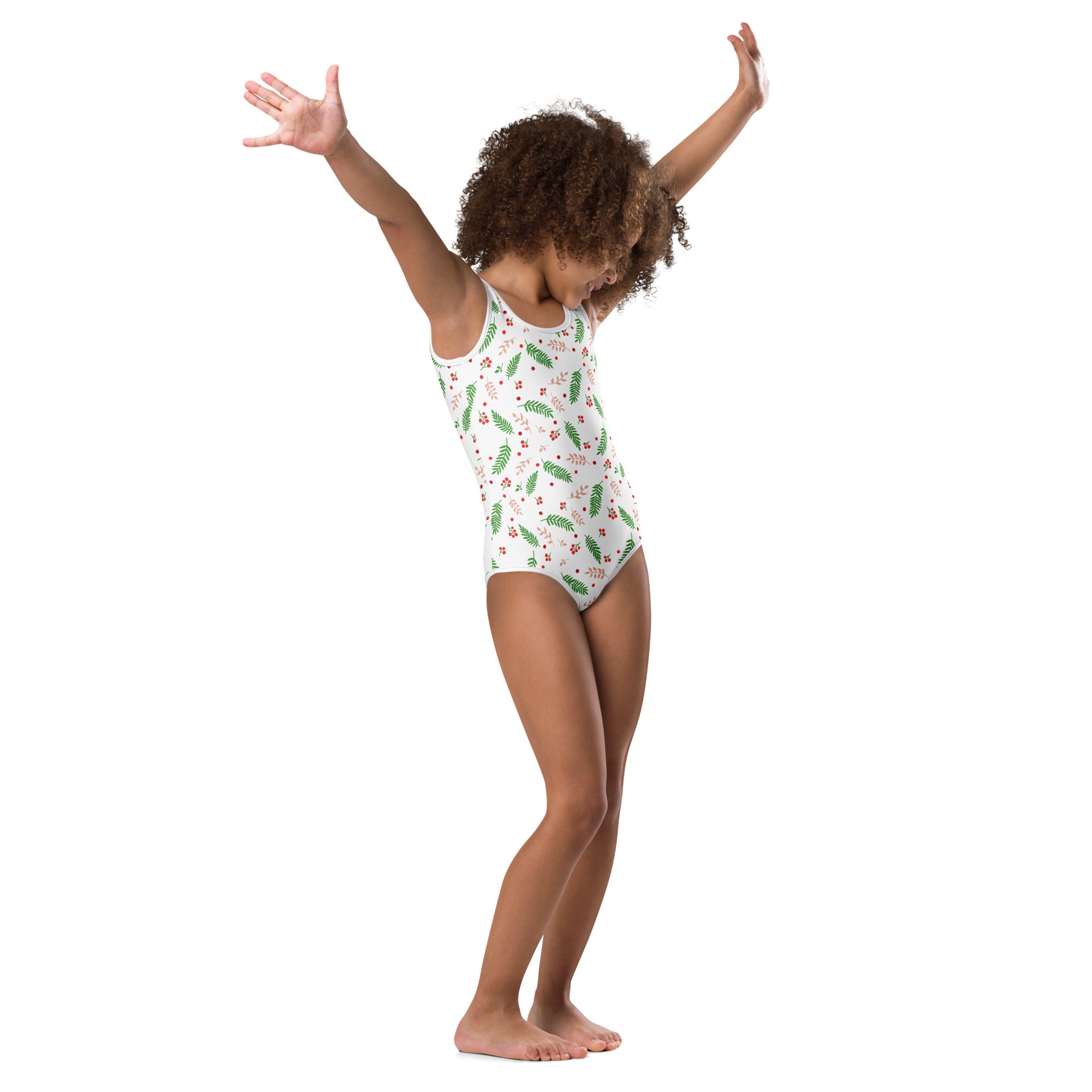 Girls holiday holly buttery soft white one-piece swimsuit with green leaf and red berry pattern for dance and gymnastics