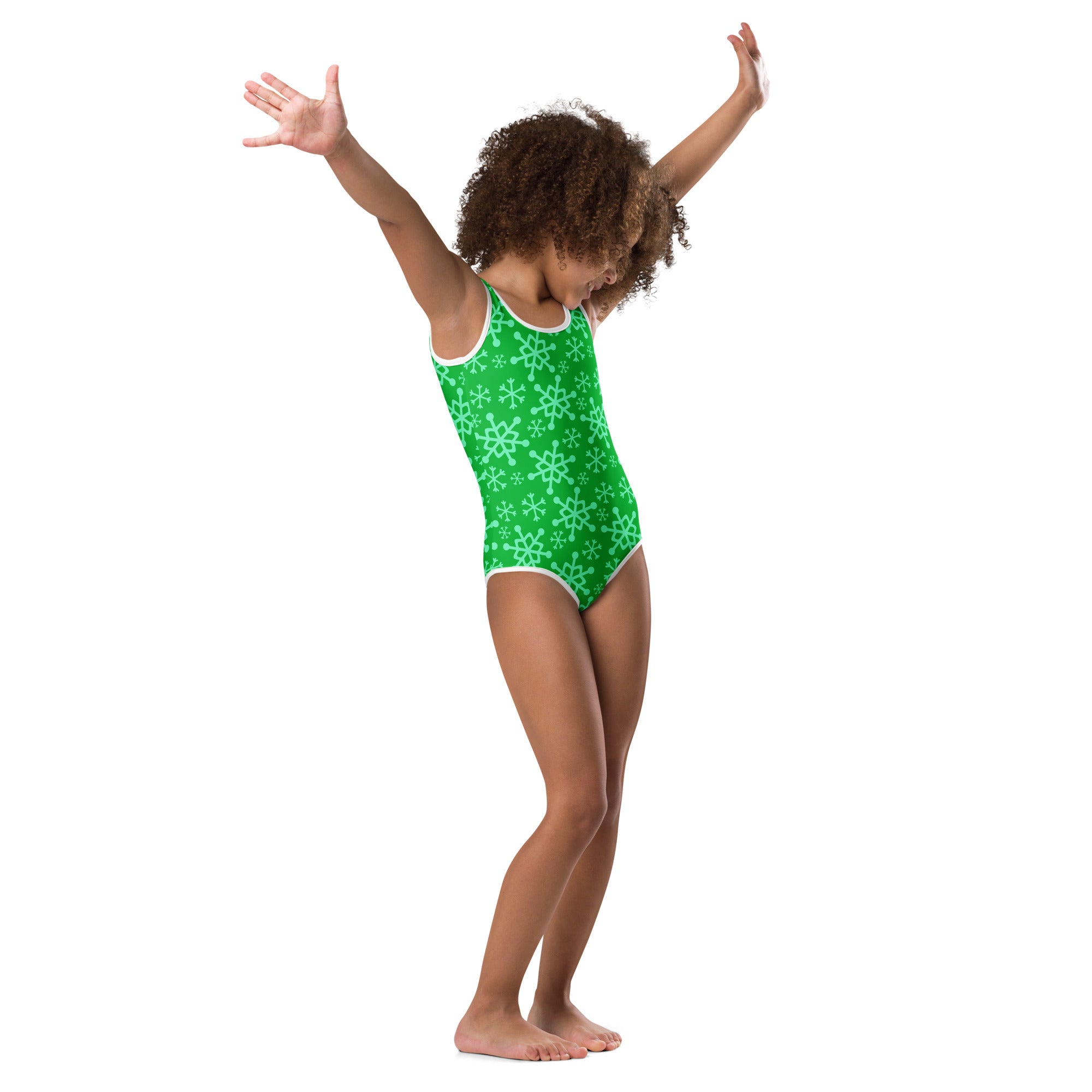 A vibrant green girls one-piece buttery soft leotard with white snowflakes trim for dance and gymnastics