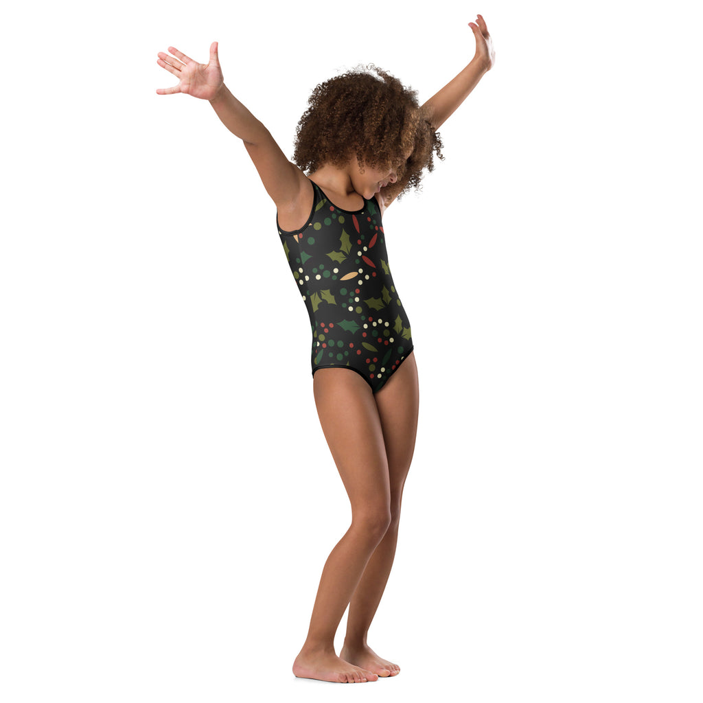 Girls holly berry Christmas buttery soft black leotard with festive green holly leaves red berries and white dots for dance