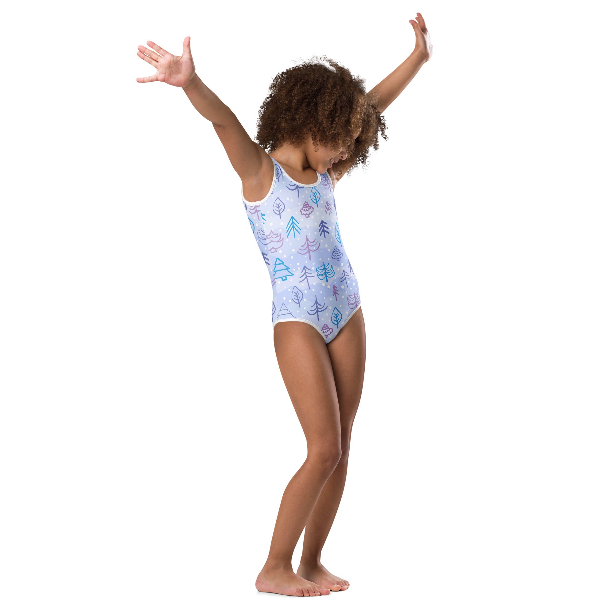 Girls winter trees buttery soft light blue leotard with colorful tree pattern quick drying for dance and gymnastics
