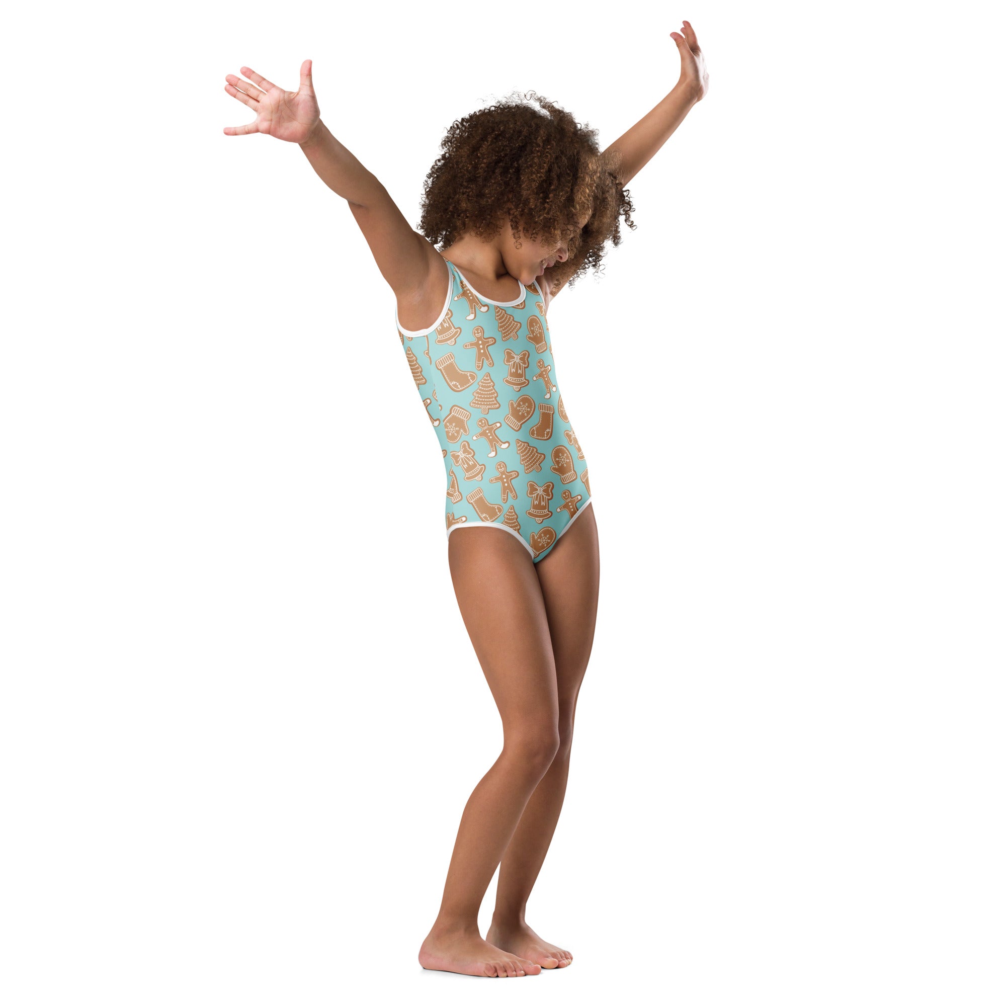 Turquoise girls gingerbread cookie leotard with white trim buttery soft quick drying for dance and gymnastics