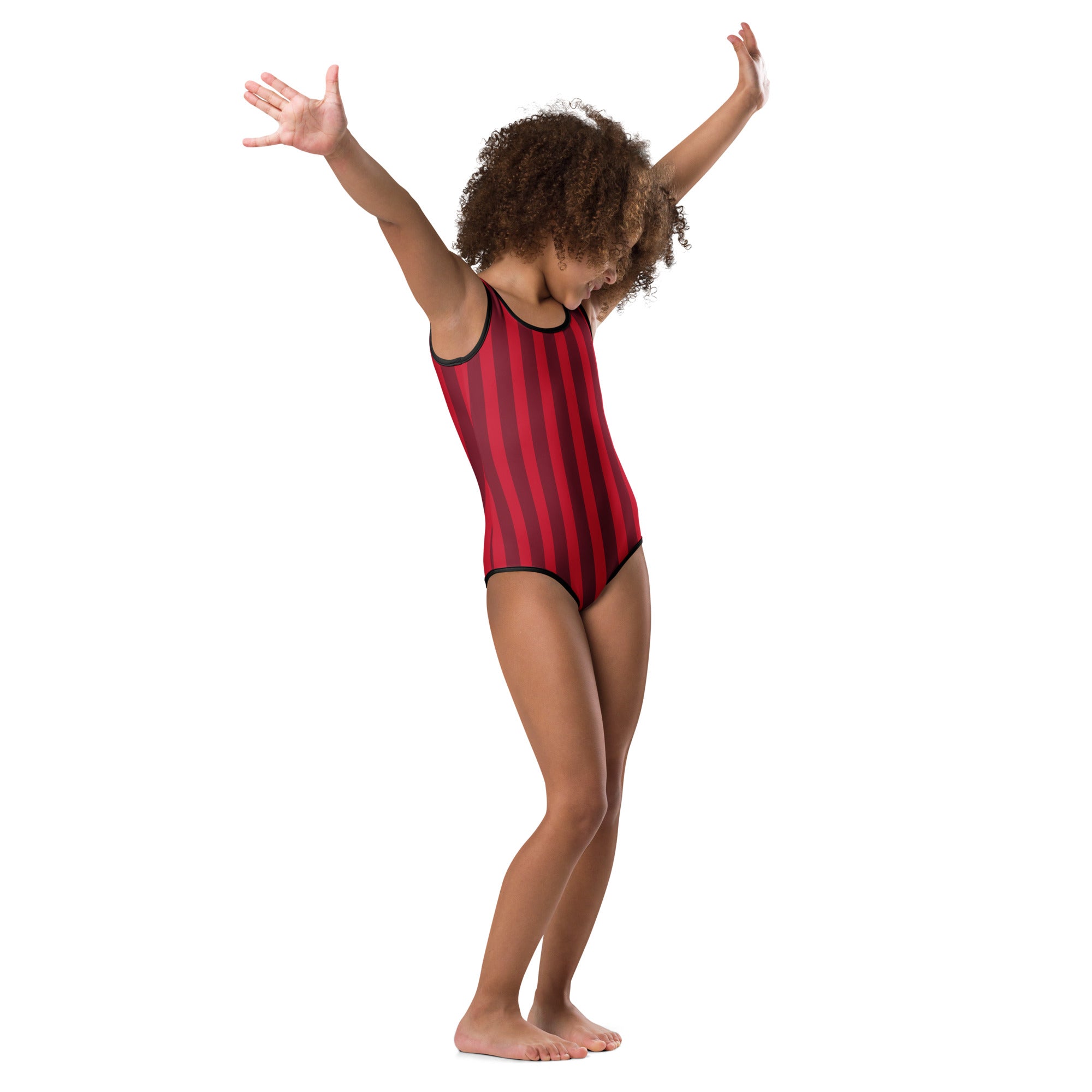 A child wearing a girls red and maroon striped buttery soft leotard with black trim for dance and gymnastics