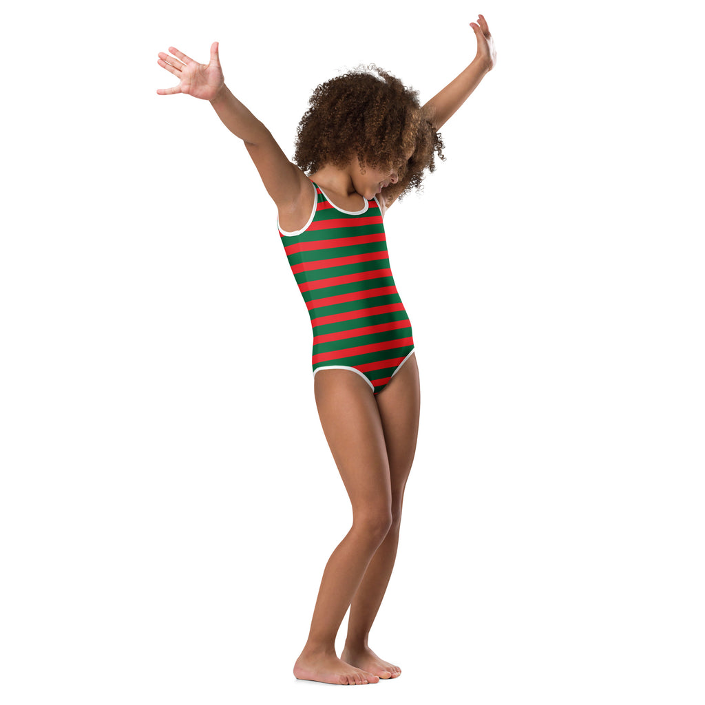 A child wearing a girls christmas themed striped buttery soft quick drying leotard for dance and gymnastics