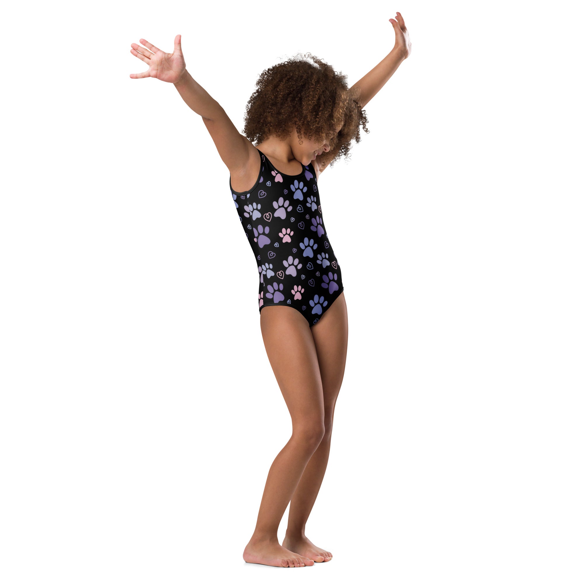 Girls paw print buttery soft black leotard with purple and pink paw prints quick drying for dance and gymnastics