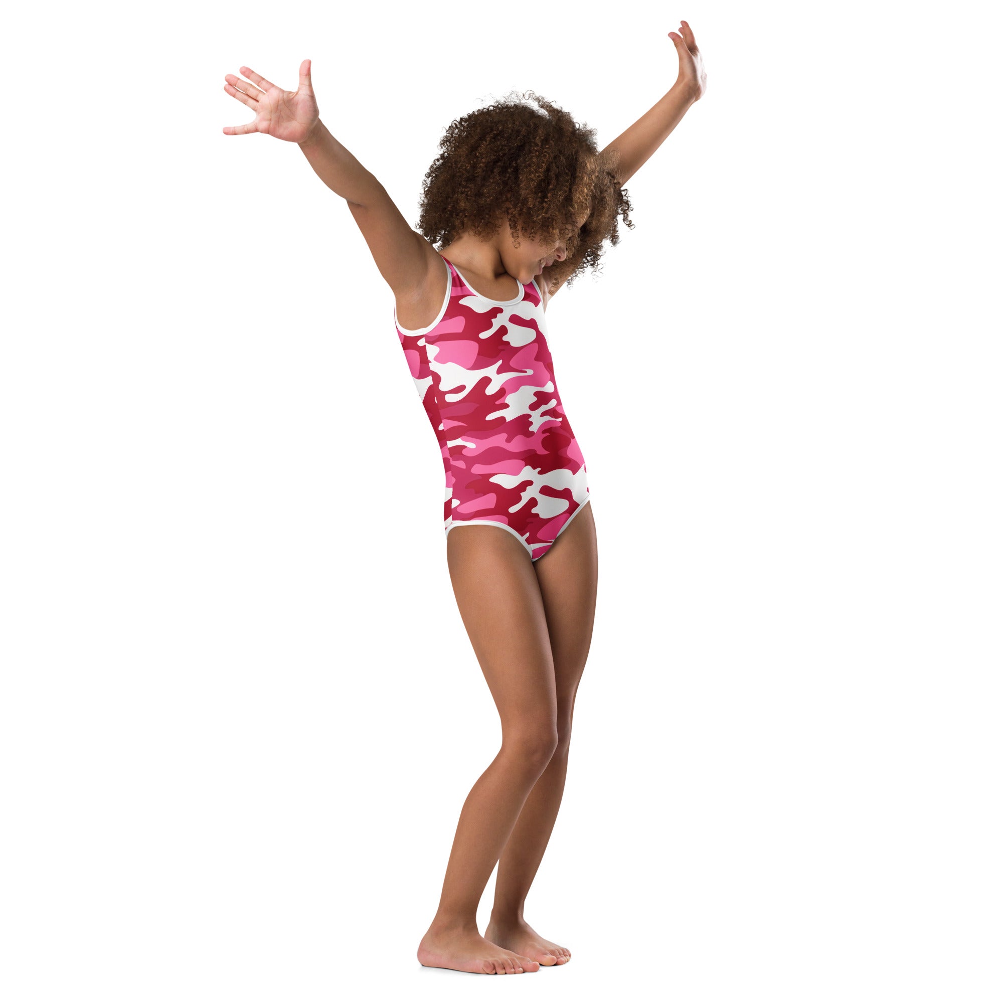 Back view of a girls pink and white camouflage buttery soft leotard with racerback design for dance and gymnastics