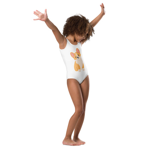 White girls one-piece swimsuit with cute cartoon corgi design buttery soft quick drying for dance and gymnastics
