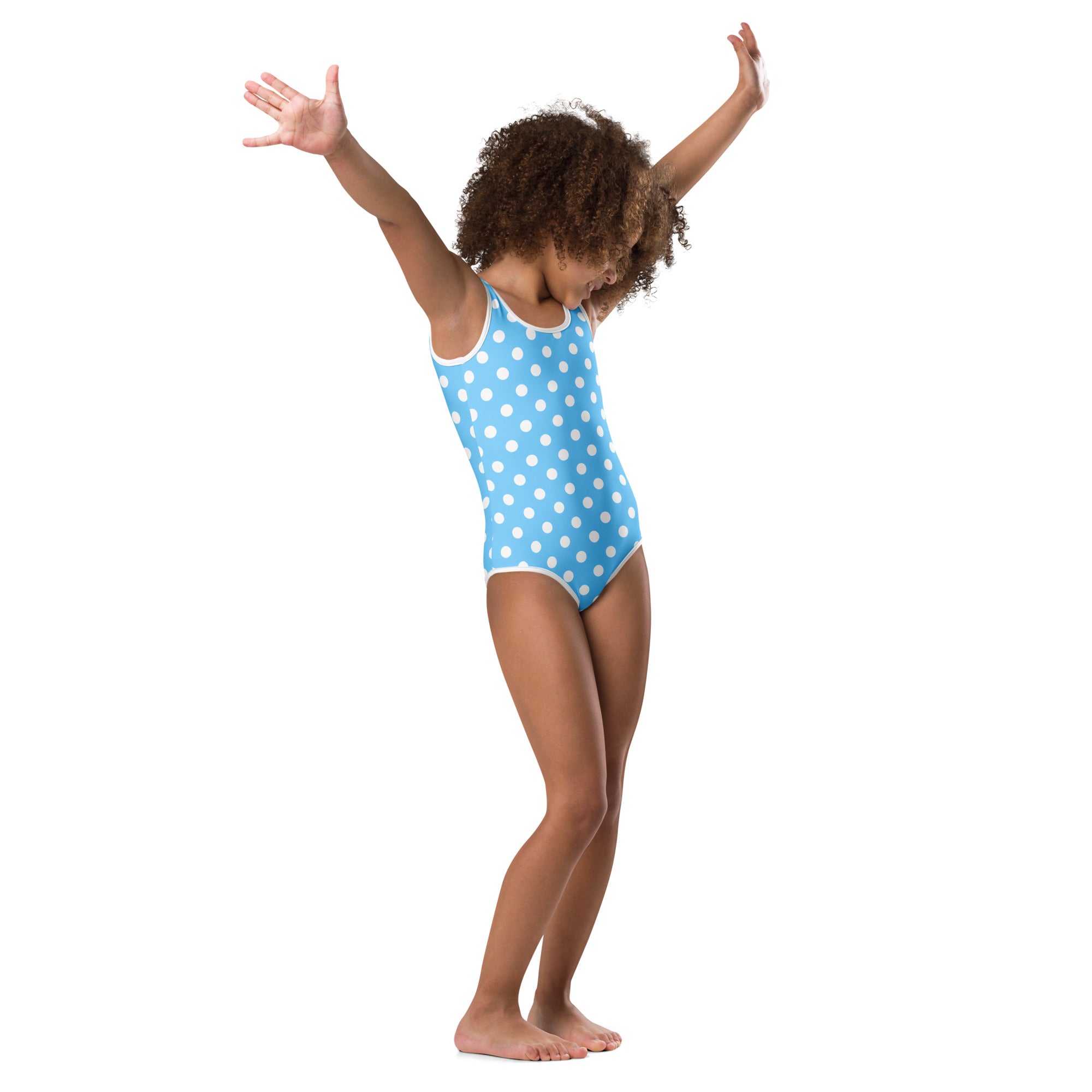 Light blue girls one-piece leotard with white polka dots and trim buttery soft quick drying for dance and gymnastics