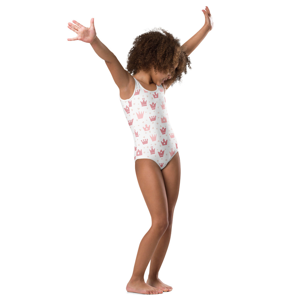 Girls pink crowns buttery soft white one-piece swimsuit with repeating pink crown pattern quick drying for dance and gymnastics
