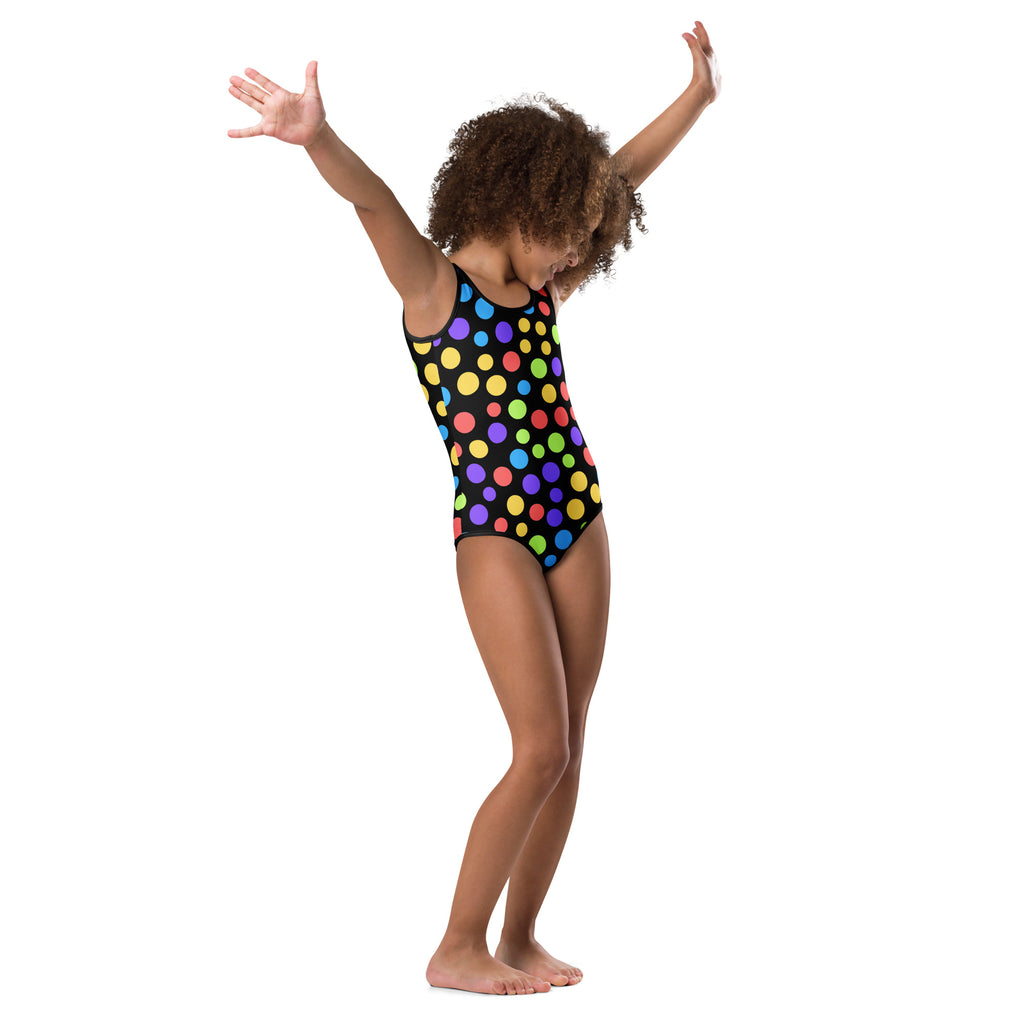 Black one-piece swimsuit with vibrant multicolored polka dots made of buttery soft quick drying fabric for dance and gymnastics