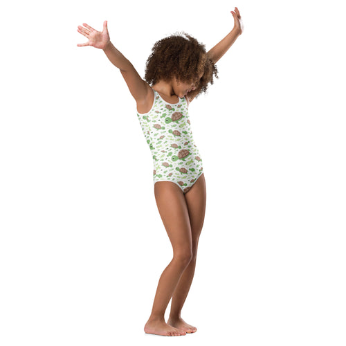 Girls green turtle buttery soft white one-piece swimsuit with quick drying fabric for dance and gymnastics