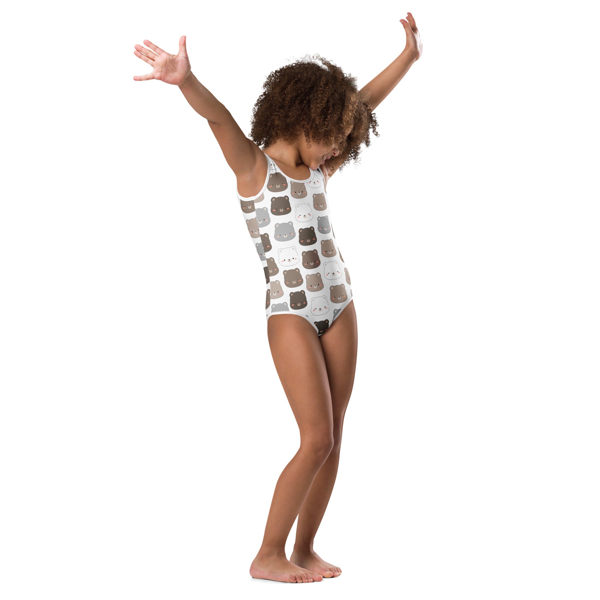 White girls one-piece swimsuit with playful gray and black cartoon bear faces quick drying for dance and gymnastics
