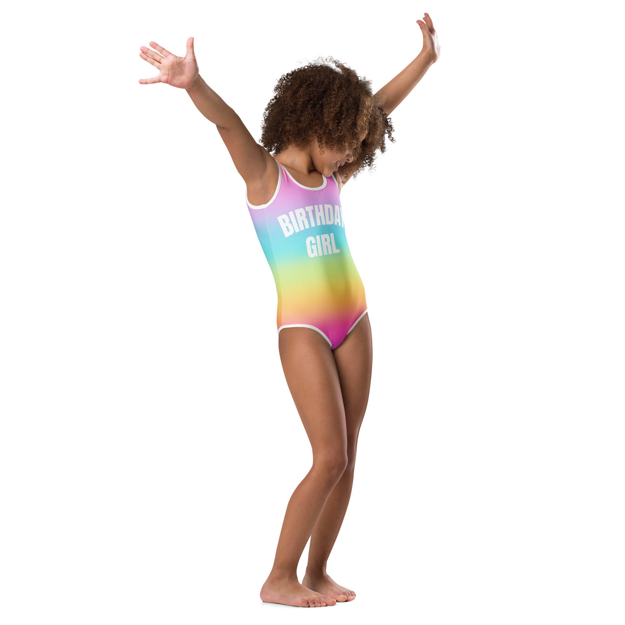 Bright rainbow birthday girl buttery soft one-piece swimsuit with white lettering quick drying for dance and gymnastics