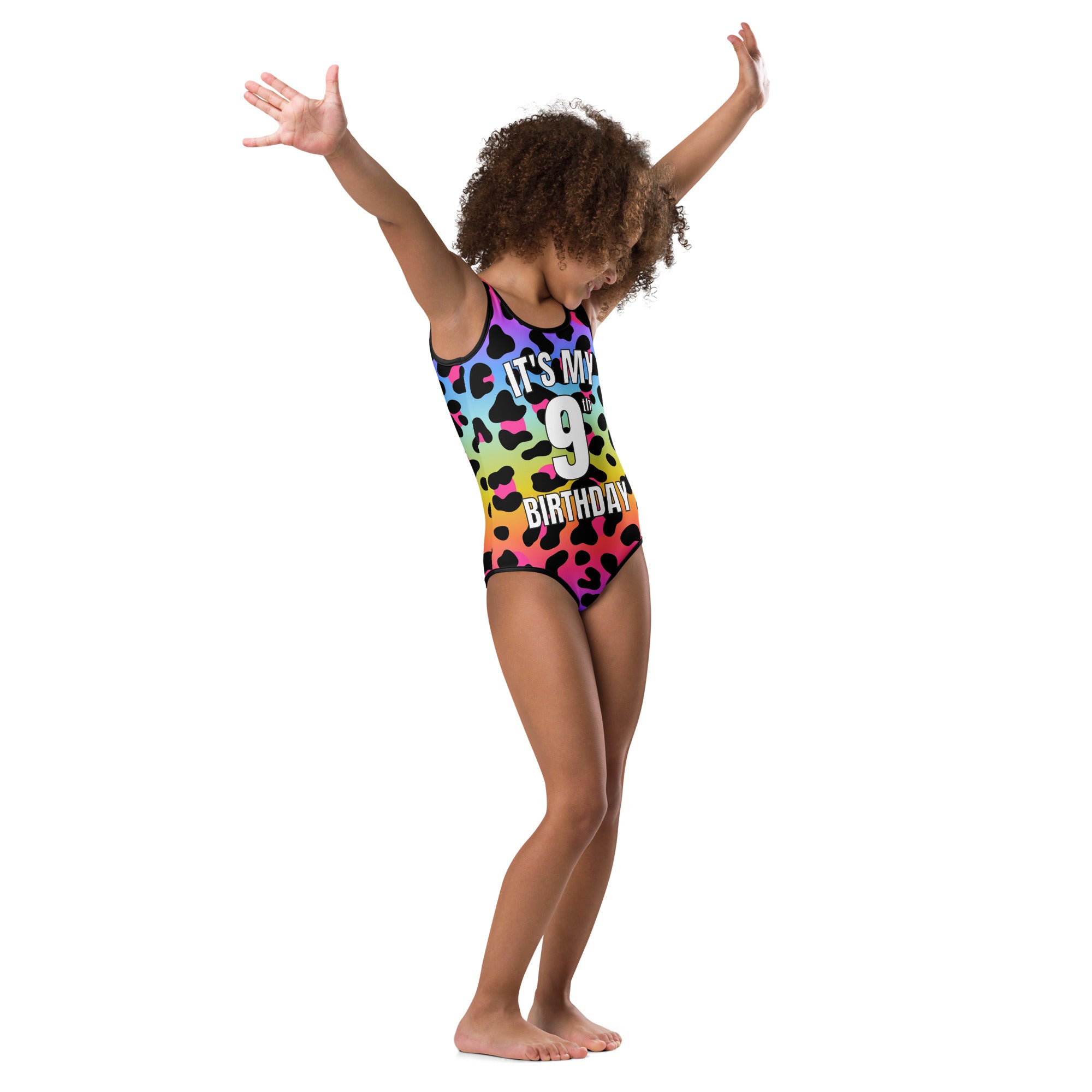 Girls Rainbow Leopard Custom Age It's My Birthday Leotard - Quick Drying For Dance and Gymnastics