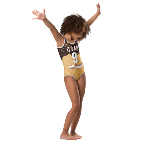 Girls chocolate ice cream cone quick drying leotard with custom age it’s my birthday text on dark brown background