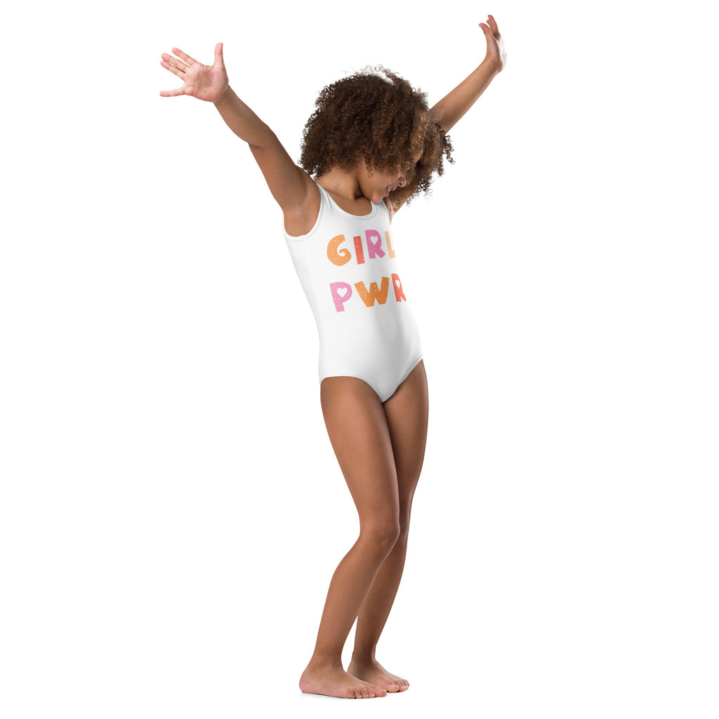 White one-piece leotard with girl pwr colorful gradient print made of buttery soft quick-drying fabric for dance and gymnastics