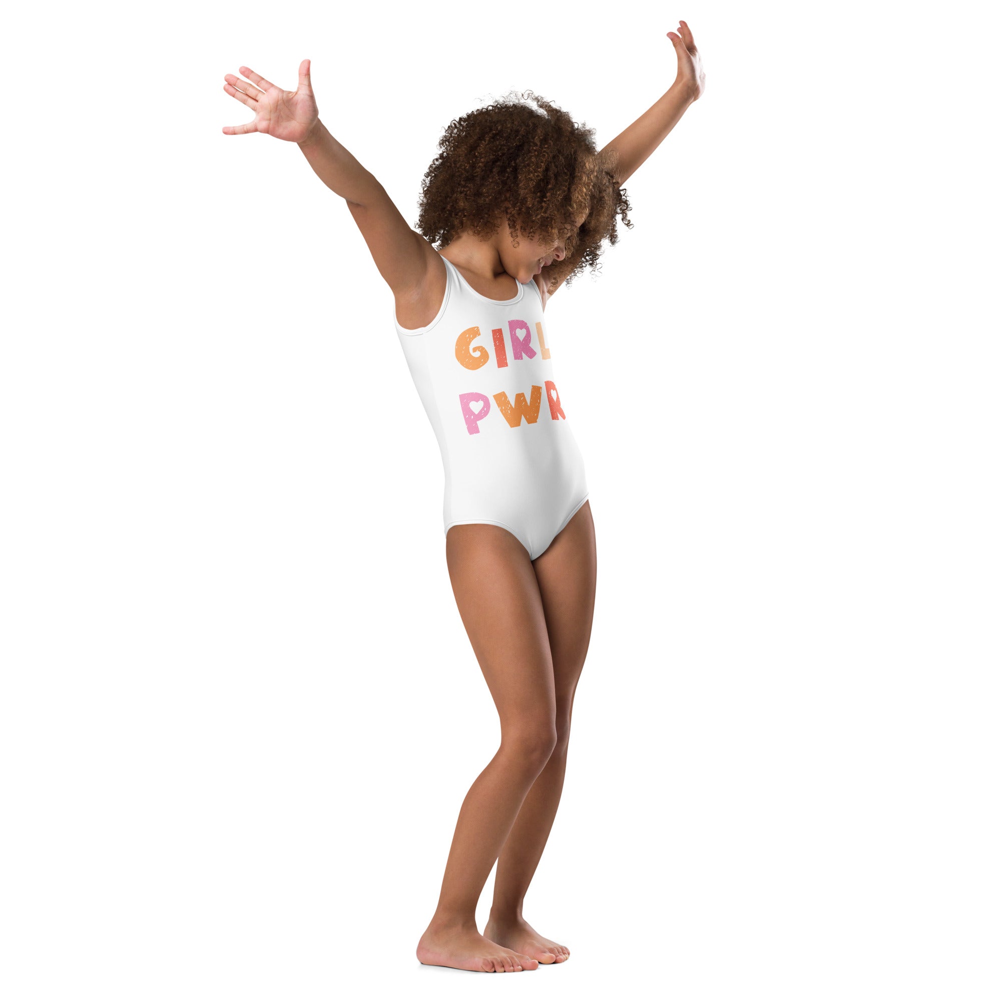 White one-piece leotard with girl pwr colorful gradient print made of buttery soft quick-drying fabric for dance and gymnastics