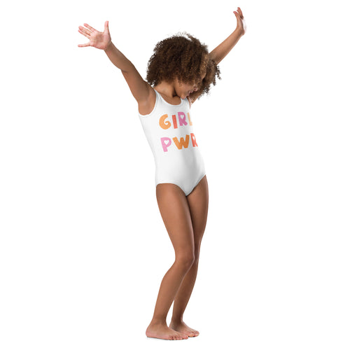 White one-piece leotard with girl pwr colorful gradient print made of buttery soft quick-drying fabric for dance and gymnastics