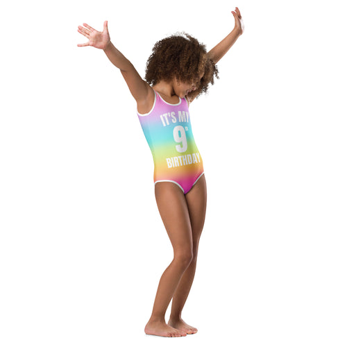 Girls bright rainbow gradient quick drying one-piece swimsuit with white its my 9th birthday text for dance and gymnastics