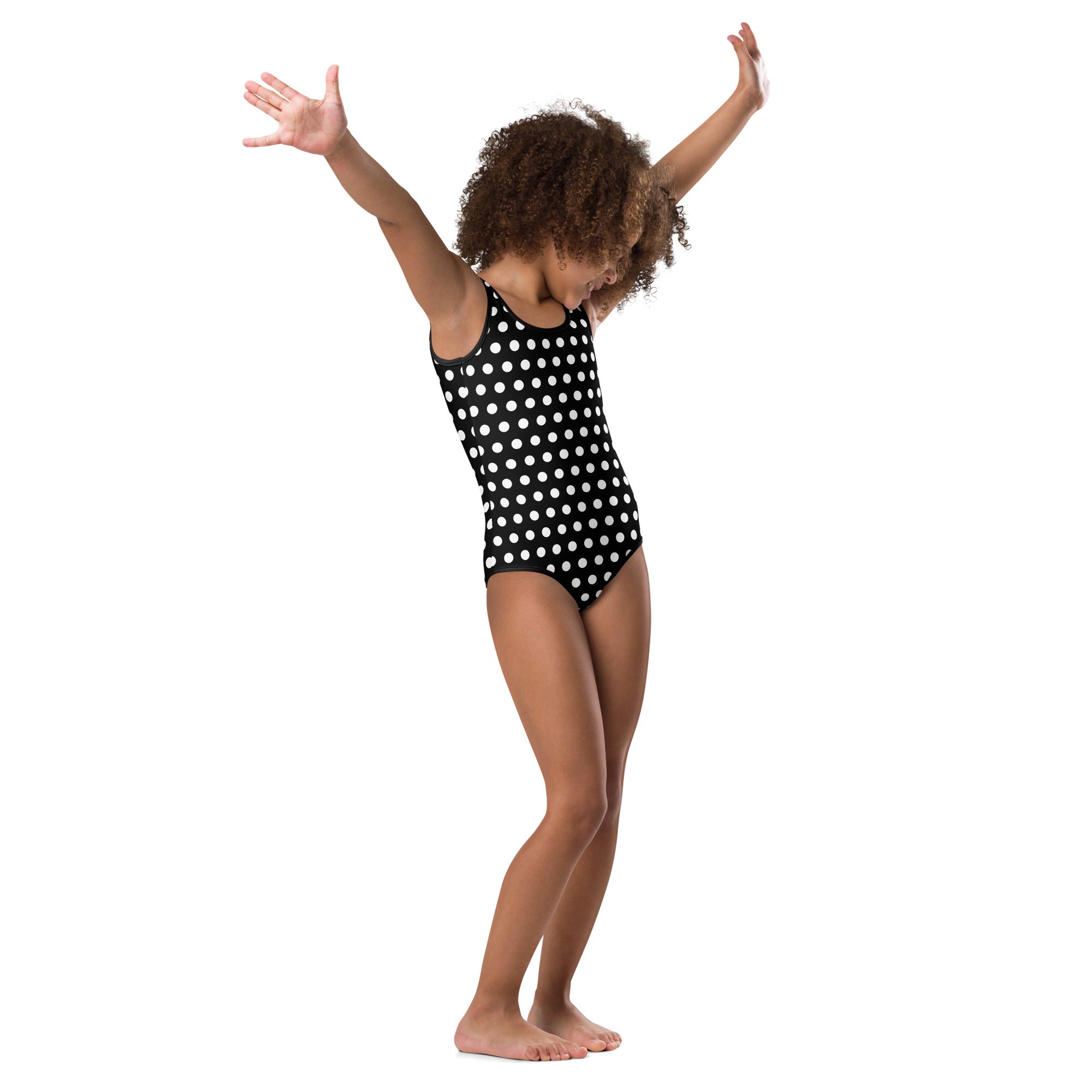Girls black polka dots buttery soft quick drying leotard in white for dance and gymnastics