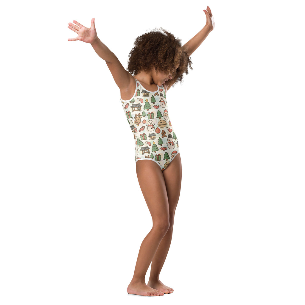 Girls merry christmas buttery soft white one-piece swimsuit with festive snowmen and christmas print for dance and gymnastics